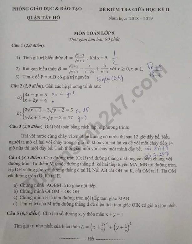 Đề thi giữa kì 2  môn Toán lớp 9 năm 2019 - Quận Tây Hồ