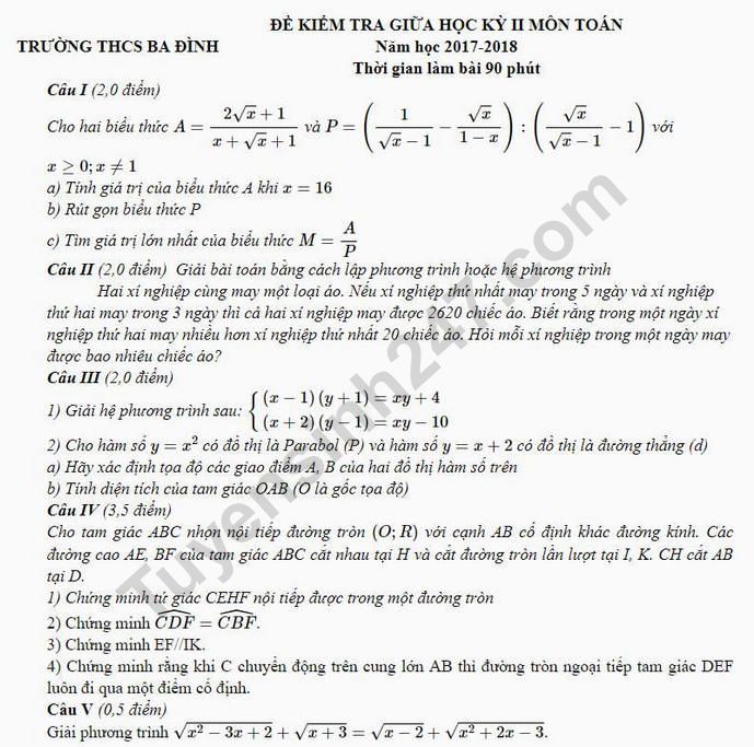 Đề thi giữa học kì 2 lớp 9 môn Toán THCS Ba Đình 2018