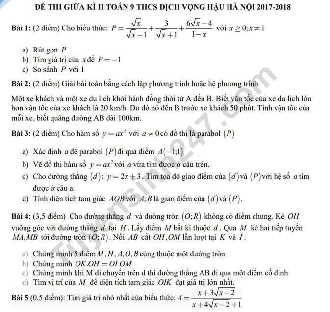 Đề thi giữa học kì 2 môn Toán lớp 9 - THCS Dịch Vọng Hậu 2018