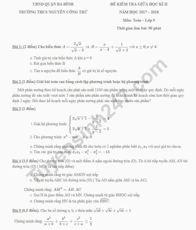 Đề thi giữa kì 2 môn Toán lớp 9 - THCS Nguyễn Công Trứ 2018