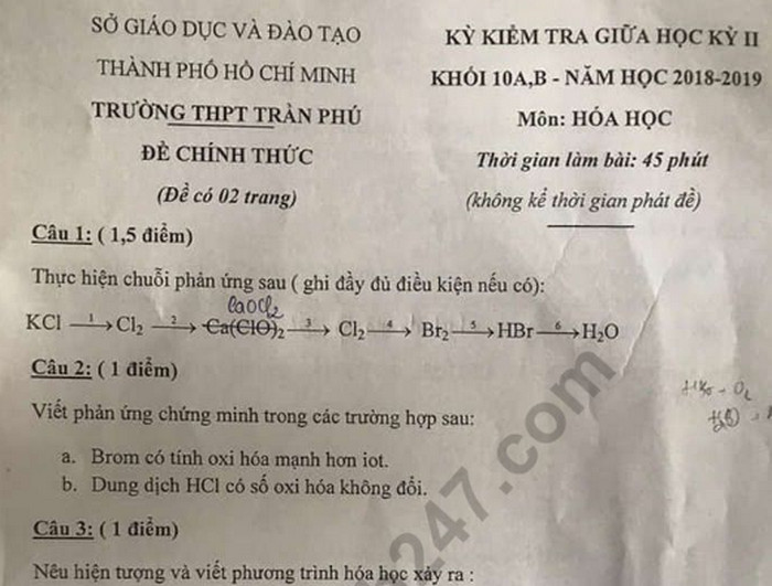 Đề thi giữa kì 2 lớp 10 môn Hóa - THPT Trần Phú 2019