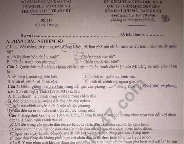 Đề kiểm tra giữa kì 2 lớp 12 môn Sử 2019 - THPT Trần Phú 