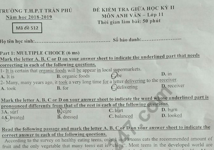 Đề kiểm tra giữa kì 2 lớp 11 môn Anh 2019 - THPT Trần Phú 