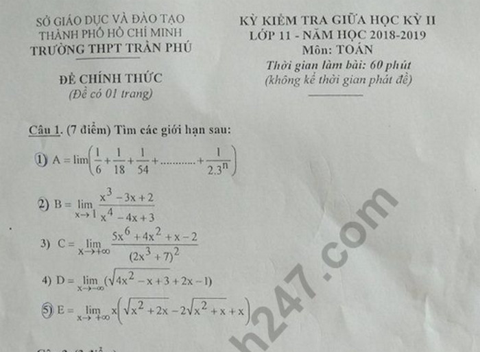 Đề thi giữa kì 2 lớp 11 môn Toán - THPT Trần phú 2019