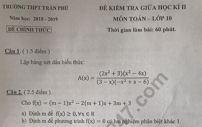 Đề thi giữa kì 2 lớp 10 môn Toán - THPT Trần Phú 2019