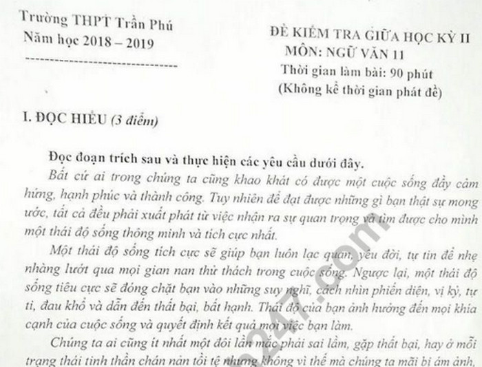 Đề kiểm tra giữa kì 2 môn Văn lớp 11 trường THPT Trần Phú 2019