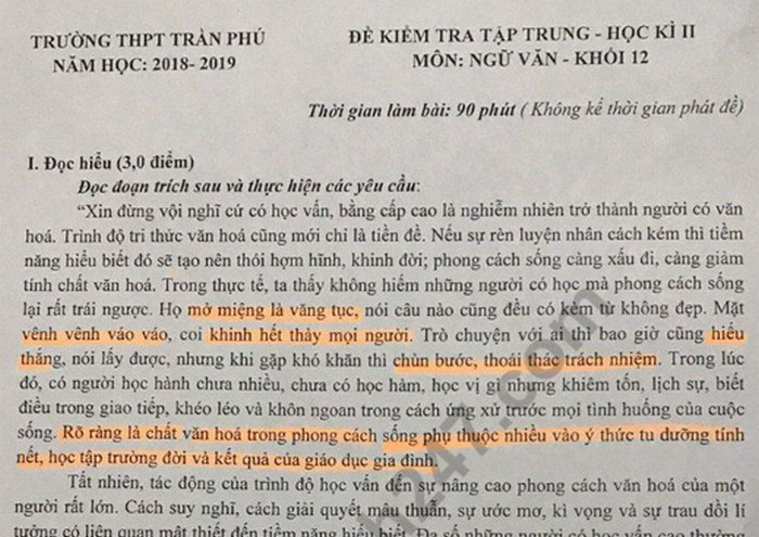 Đề thi giữa kì 2 lớp 12 môn Văn - THPT Trần Phú 2019