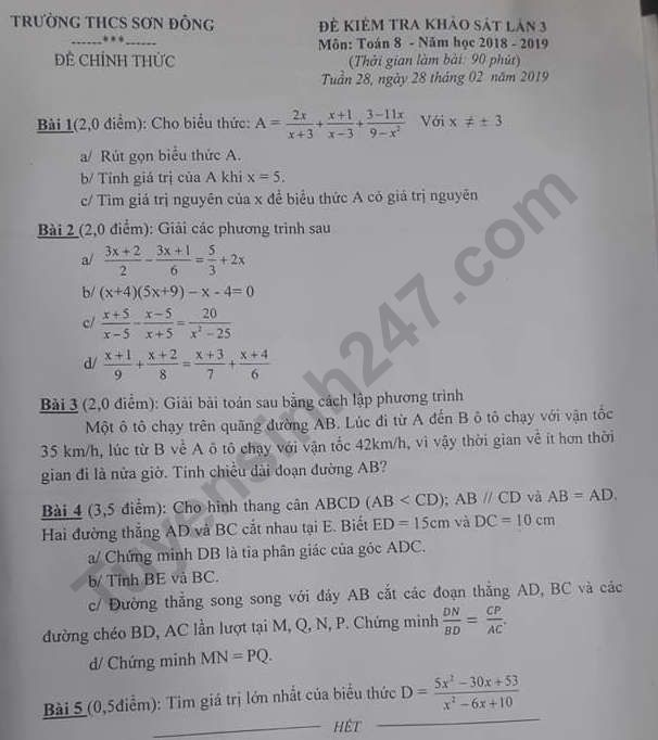 Đề thi giữa kì 2 môn Toán lớp 8 - THCS Sơn Đông 2019