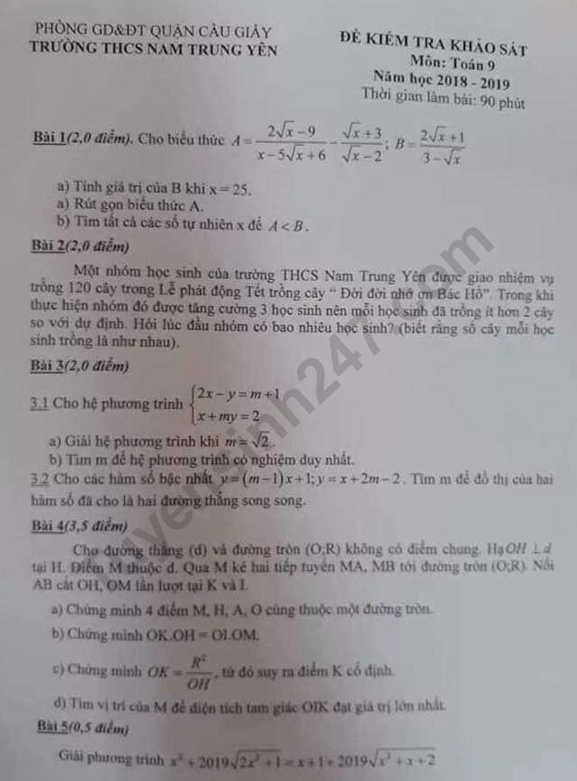 Đề thi giữa kì 2 môn Toán lớp 9 - THCS Nam Trung Yên 2019