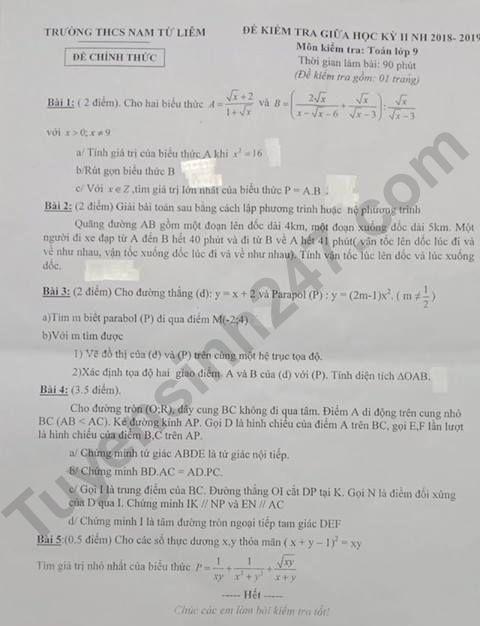 Đề thi giữa kì 2 lớp 9 môn Toán - Nam Từ Liêm 2019