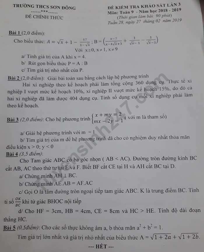 Đề thi giữa kì 2 môn Toán lớp 9 - THCS Sơn Đông 2019