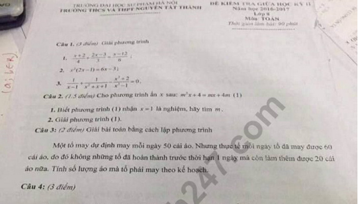 Đề thi giữa kì 2 môn Toán lớp 8 -THCS Nguyễn Tất Thành