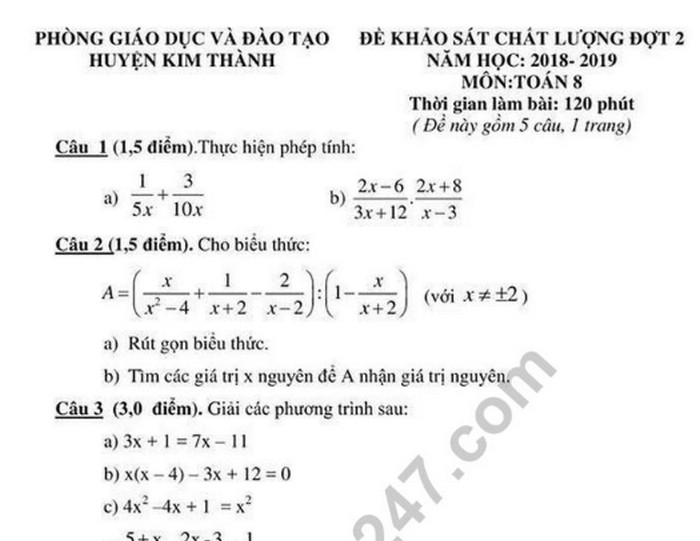 Đề kiểm tra giữa kì 2 môn Toán lớp 8 - Huyện Kim Thành 2019