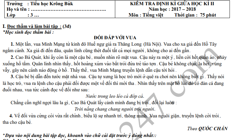 Đề kiểm tra giữa kì 2 lớp 3 môn Tiếng Việt 2018 - TH Krông Búk