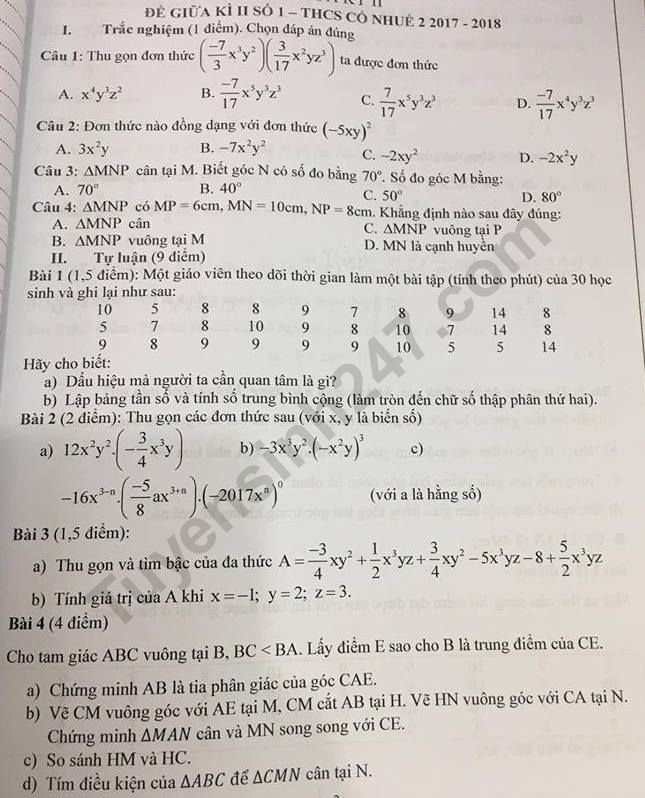 Đề kiểm tra giữa kì 2 lớp 7 môn Toán 2018 - THCS Cổ Nhuế