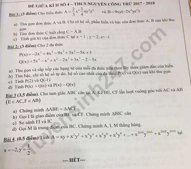 Đề thi giữa kì 2 môn Toán lớp 7 năm 2018 - THCS Nguyễn Công Trứ