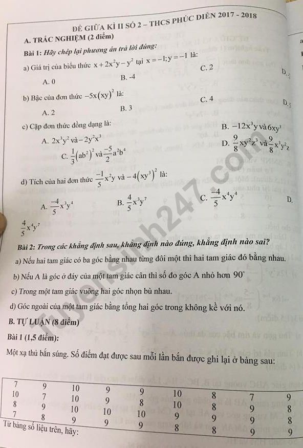 Đề thi giữa kì 2 lớp 7 môn Toán - THCS Phúc Diễn 2018