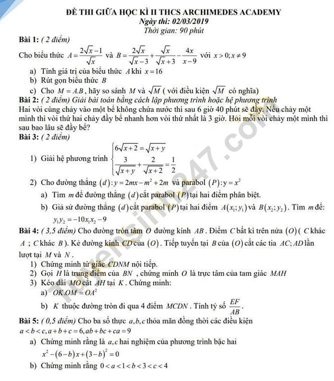 Đề thi giữa kì 2 môn Toán lớp 9 - THCS Archimedes Academy 2019