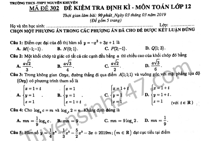 Đề thi giữa kì 2 môn Toán lớp 12 - Nguyễn Khuyến 2019