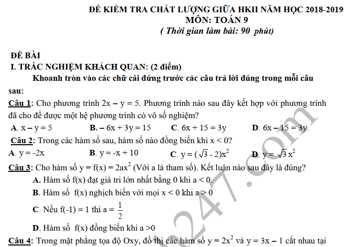 Đề thi giữa kì 2 lớp 9 môn Toán năm 2019