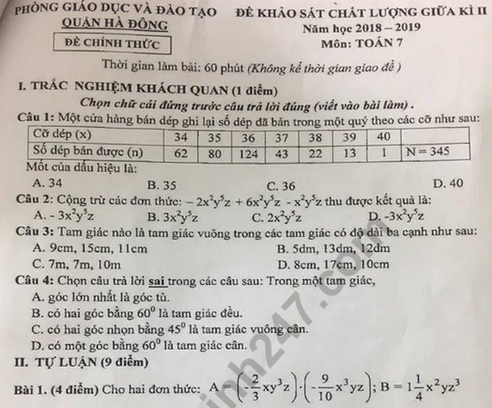 Đề thi giữa kì 2 môn Toán lớp 7 - Quận Hà Đông năm 2019