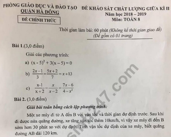 Đề thi giữa học kì 2 lớp 8 môn Toán năm 2019 - Quận Hà Đông 