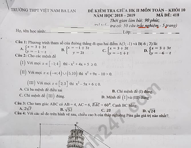 Đề kiểm tra giữa kì 2 lớp 10 môn Toán - THPT Việt Nam Ba Lan 2019