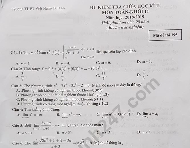 Đề kiểm tra giữa kì 2 môn Toán lớp 11 THPT Việt Nam Ba Lan 2019