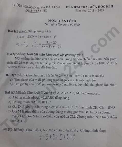 Đề kiểm tra giữa kì 2 môn Toán lớp 8 năm 2019 - Quận Tây Hồ