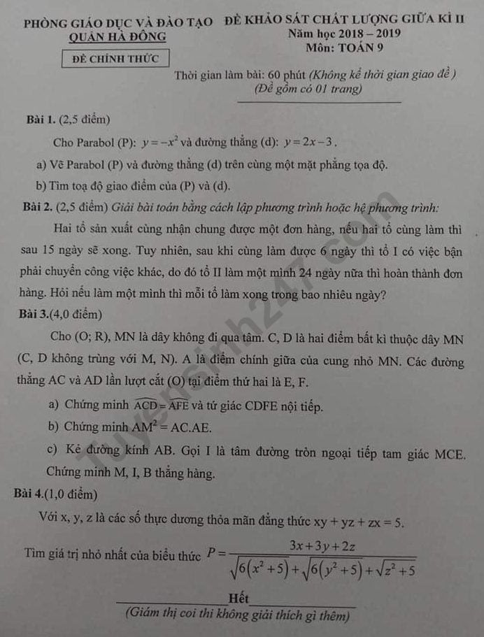 Đề kiểm tra giữa kì 2 lớp 9 môn Toán Quận Hà Đông 2019