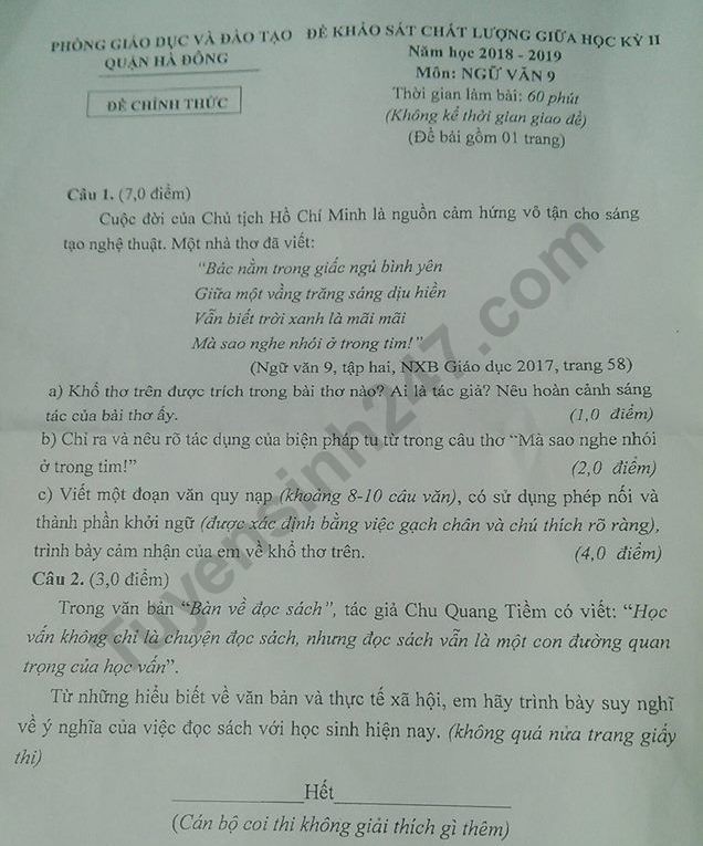 Đề kiểm tra giữa kì 2 lớp 9 môn Văn - Quận Hà Đông 2019