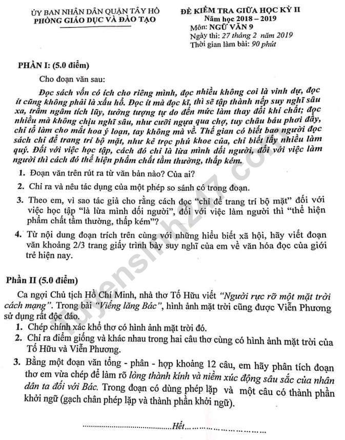 Đề thi giữa kì 2 lớp 9 môn Văn 2019 Quận Tây Hồ