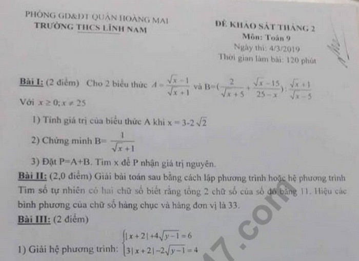 Đề kiểm tra giữa kì 2 môn Toán lớp 9 - THCS Lĩnh Nam