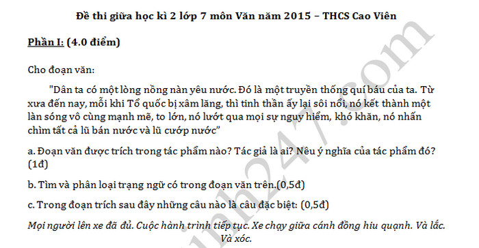 Đề thi giữa học kì 2 lớp 7 môn Văn trường THCS Cao Viên