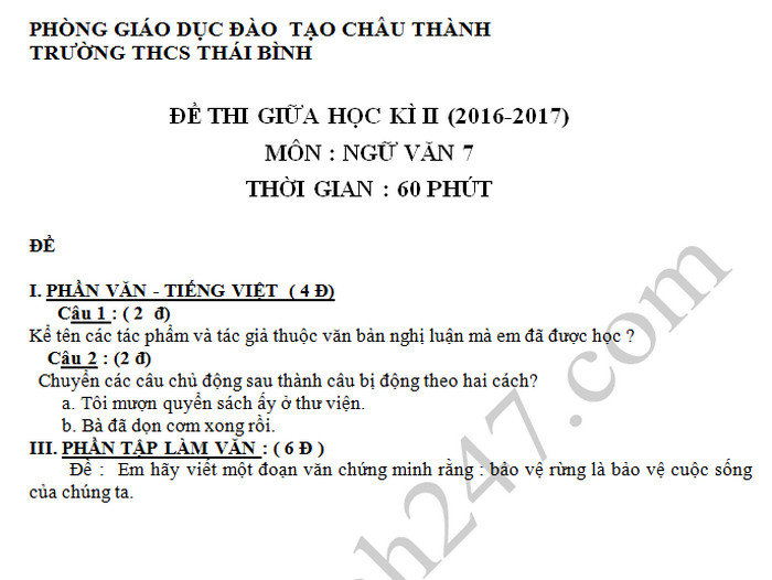 Đề kiểm tra giữa kì 2 môn Văn lớp 7 - THCS Thái Bình