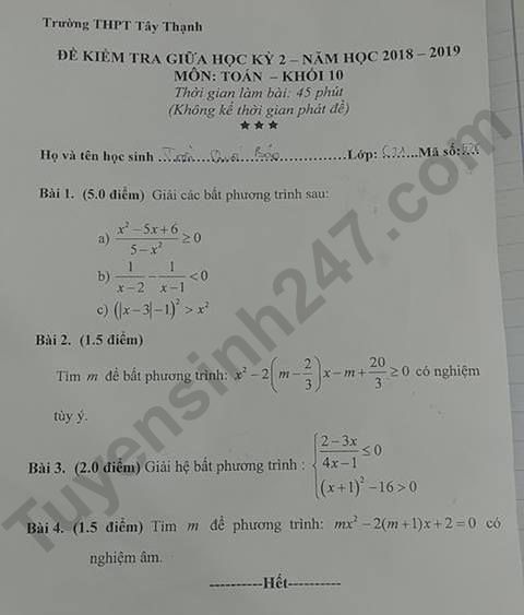 Đề thi giữa kì 2 môn Toán lớp 10 năm 2019 - THPT Tây Thạnh