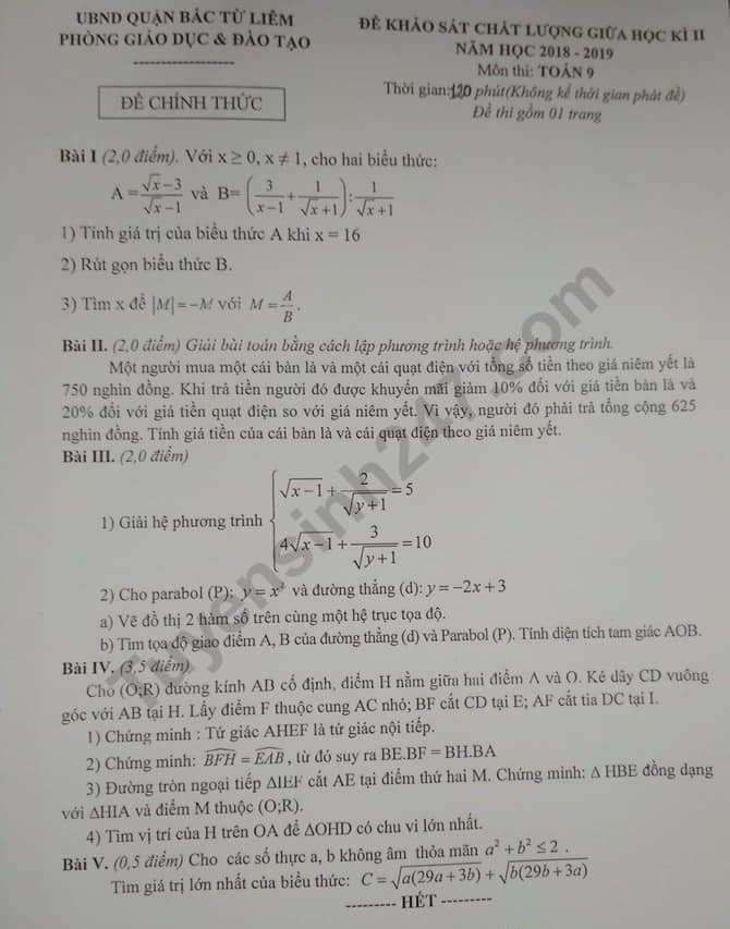 Đề thi giữa kì 2 môn Toán lớp 9 Quận Bắc Từ Liêm 2019