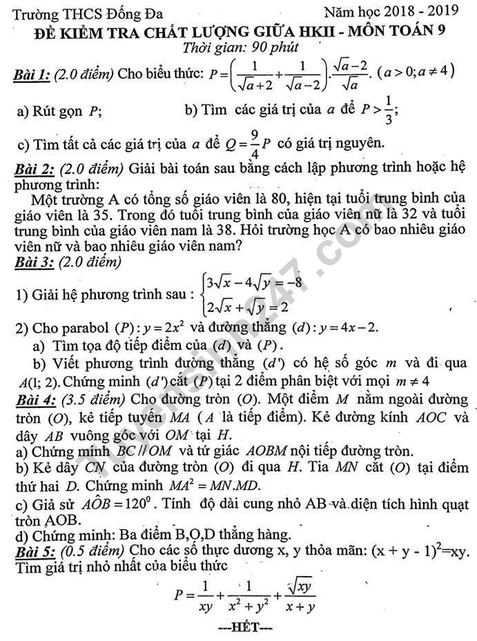 Đề thi giữa kì 2 lớp 9 môn Toán 2019 - THCS Đống Đa