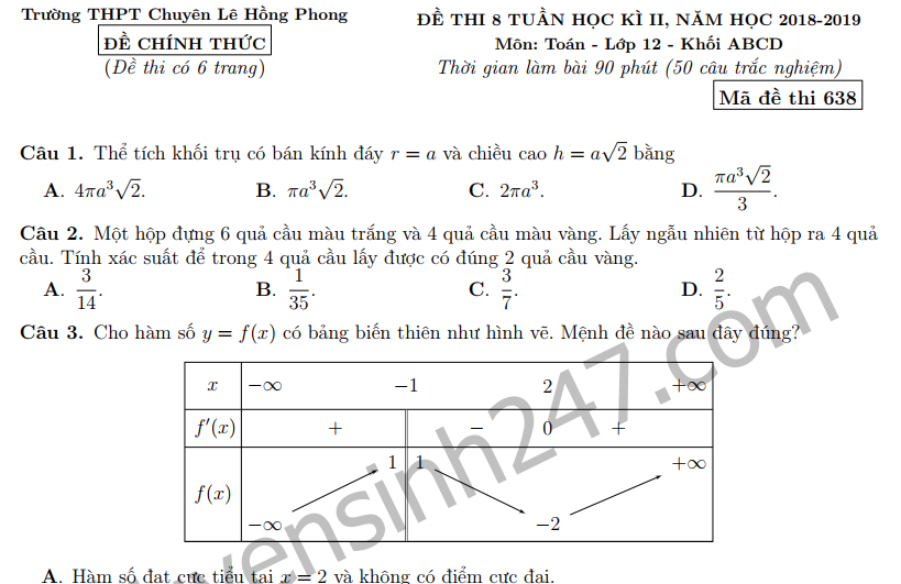 Đề thi giữa kì 2 lớp 12 môn Toán 2019 - Chuyên Lê Hồng Phong