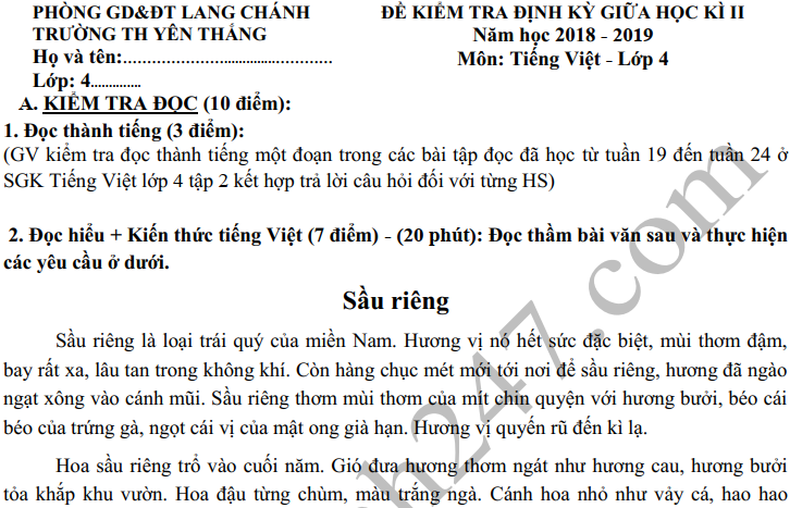 Đề thi giữa kì 2 môn Tiếng Việt lớp 4 năm 2019 - TH Yên Thắng