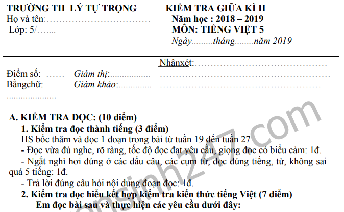 Đề thi giữa kì 2 môn Tiếng Việt lớp 5 - TH Lý Tự Trọng 2019