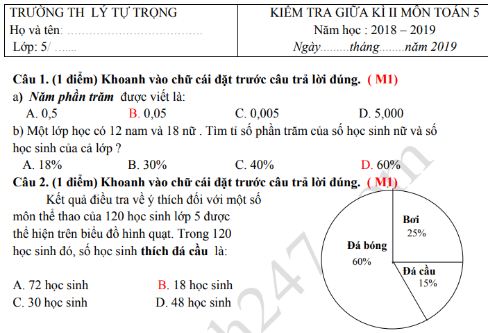 Đề kiểm tra giữa kì 2 lớp 5 môn Toán - TH Lý Tự Trọng 2019