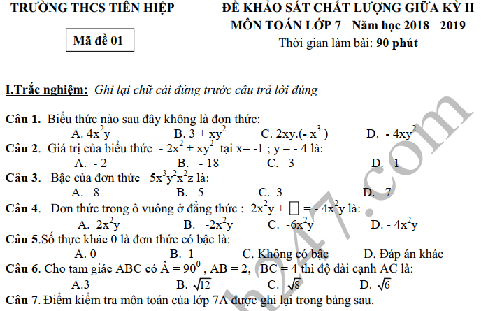 Đề thi giữa kì 2 môn Toán lớp 7 năm 2019 - THCS Tiên Hiệp