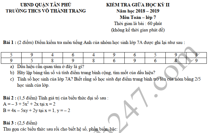 Đề kiểm tra giữa kì 2 lớp 7 môn Toán 2019 - THCS Võ Thành Trang