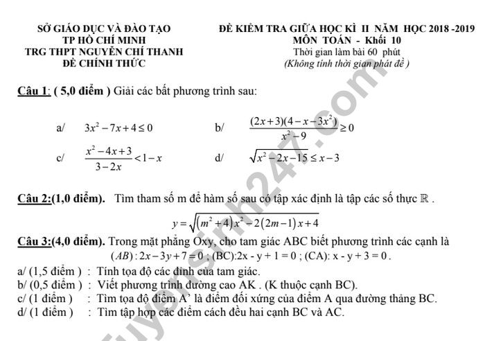 Đề thi giữa học kì 2 lớp 10 môn Toán 2019 - THPT Nguyễn Chí Thanh 