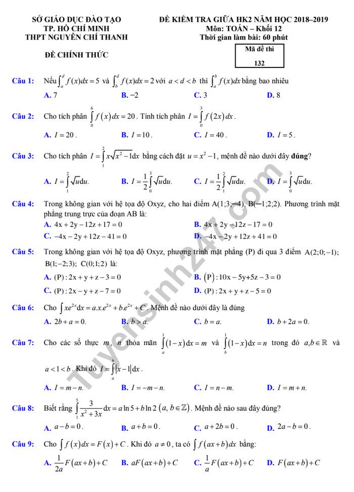 Đề thi giữa kì 2 lớp 12 môn Toán 2019 - THPT Nguyễn Chí Thanh