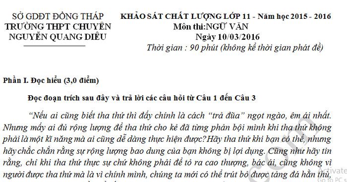  Đề thi giữa học kì 2 môn Văn lớp 11 - THPT Chuyên Nguyễn Quang Diêu