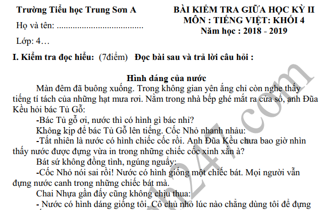 Đề thi giữa kì 2 lớp 4 môn Tiếng Việt - TH Trung Sơn A 2019