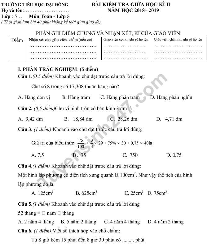 Đề thi giữa kì 2 môn Toán lớp 5 năm 2019 - TH Đại Đồng