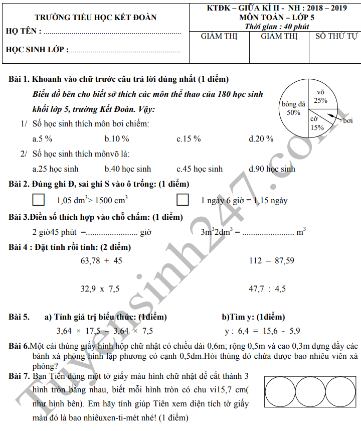 Đề kiểm tra giữa kì 2 lớp 5 môn Toán 2019 - TH Kết Đoàn